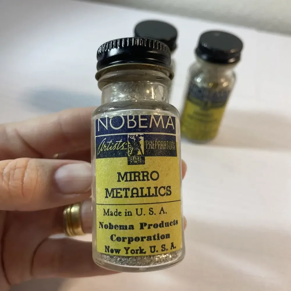 RARE Vintage 1940s Nobema Mirro Metallics Glass Glitter Flakes Jars Lot of 3